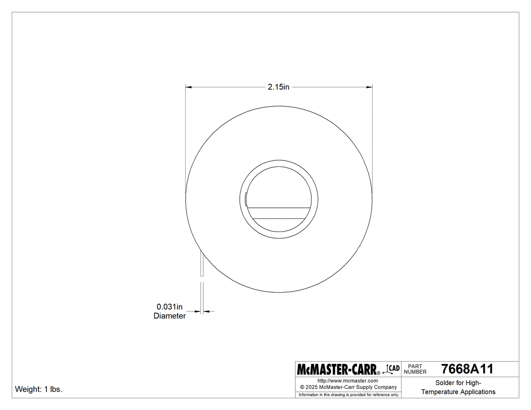 Technical Drawing of Solder for High-Temperature Applications, 0.031" Diameter, 1 lb..
